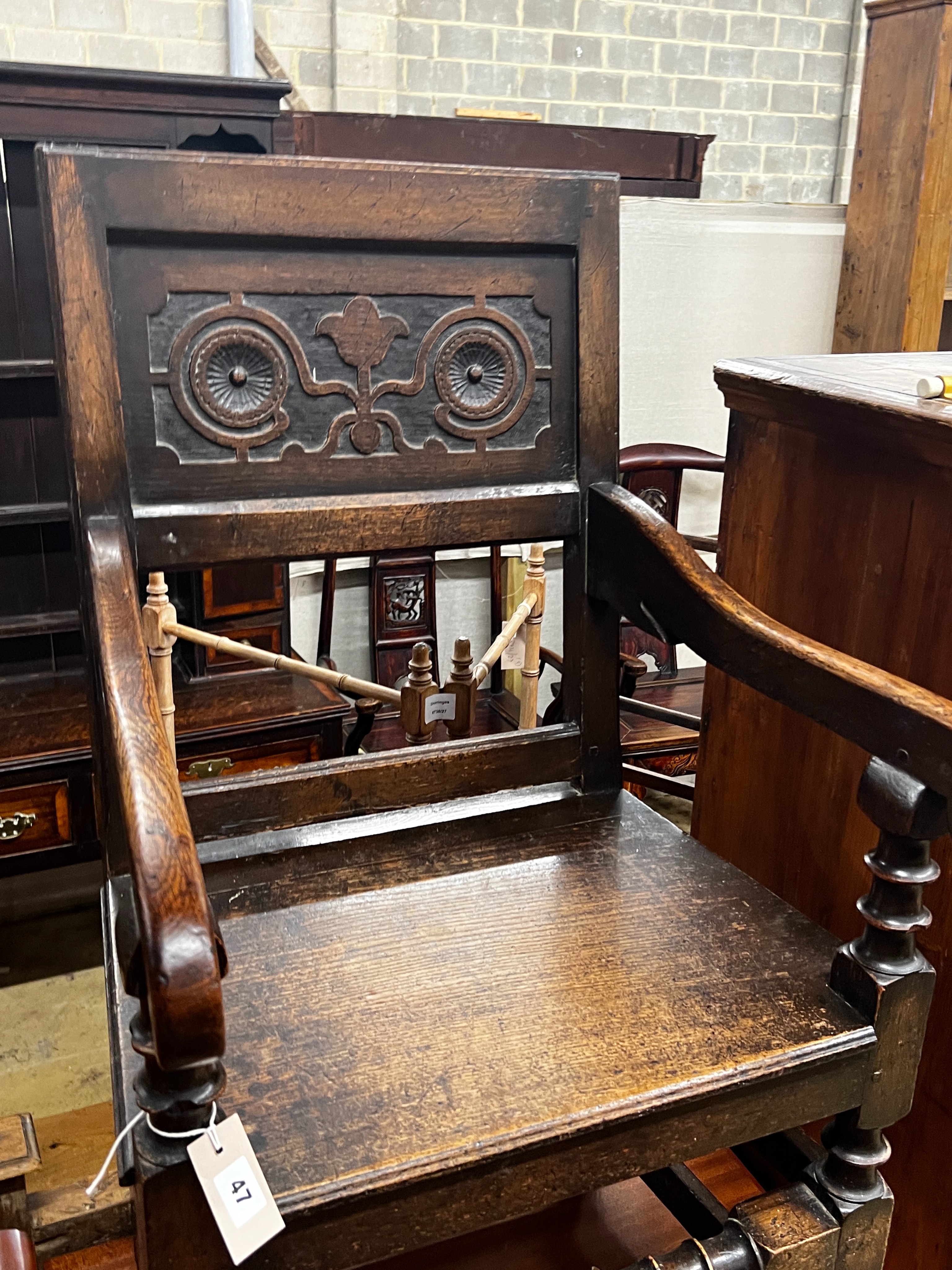 A Victorian Jacobean Revival oak Wainscot chair, width 55cm, depth 43cm, height 102cm